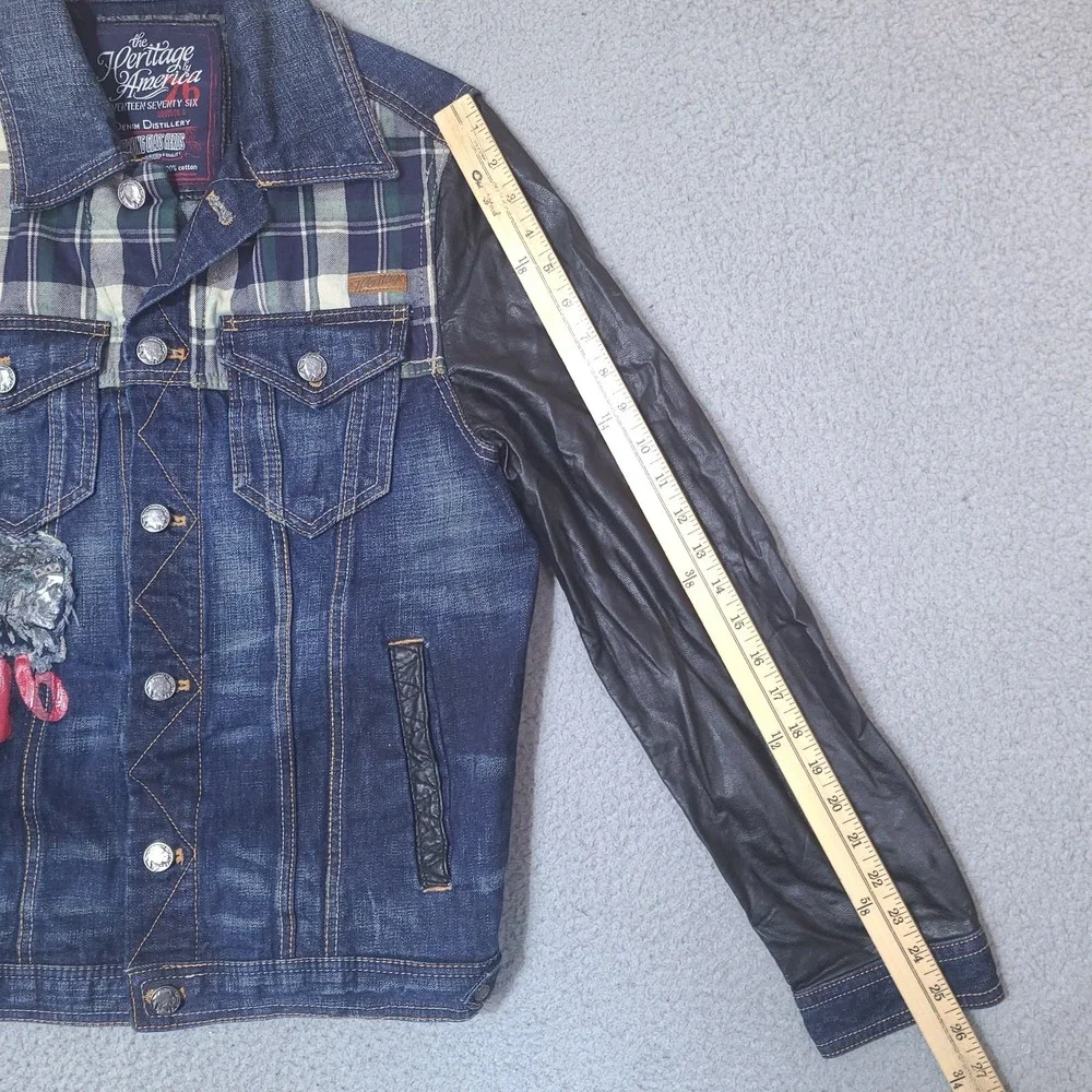 The Heritage America 1776 Denim Distillery Jacket Mens Small Faux Leather Forged